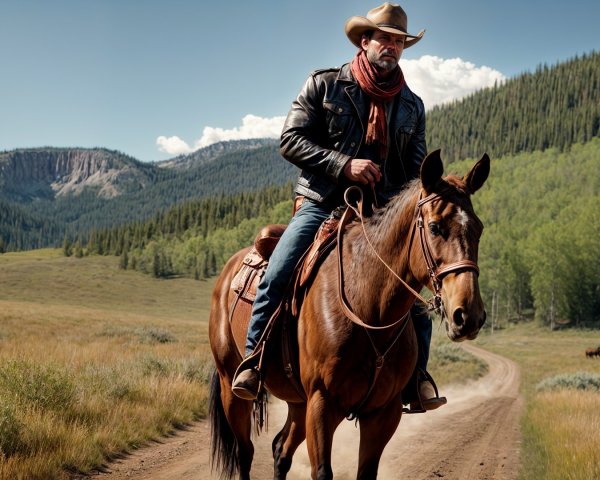 Cowboy Riding Horse in Scenic Western Landscape