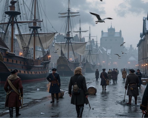Misty Historical Harbor Scene with Tall Ships and Figures