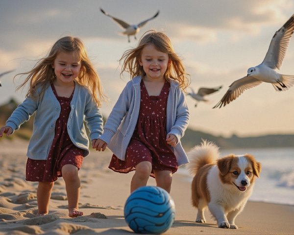 Joyful young girls playing with a dog on the beach