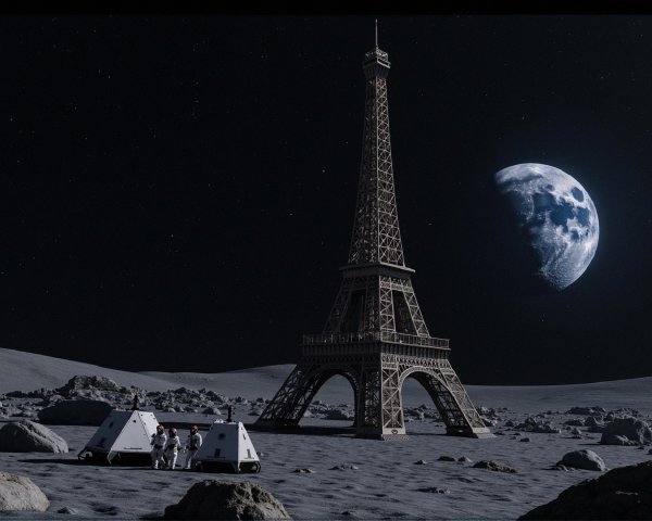 Surreal Lunar Landscape with Eiffel Tower and Astronauts