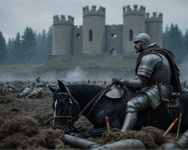 Knight on Horse Overlooks Muddy Battlefield Scene