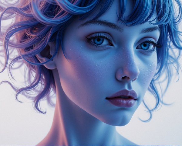 Close-up portrait of a woman with blue hair and glow