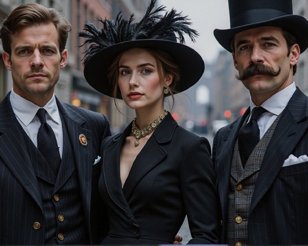 Elegantly Dressed Individuals in Vintage Setting