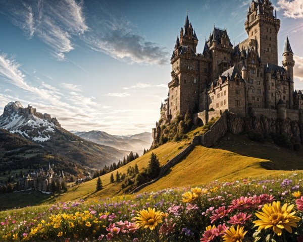 Majestic castle on rocky hill with vibrant wildflowers