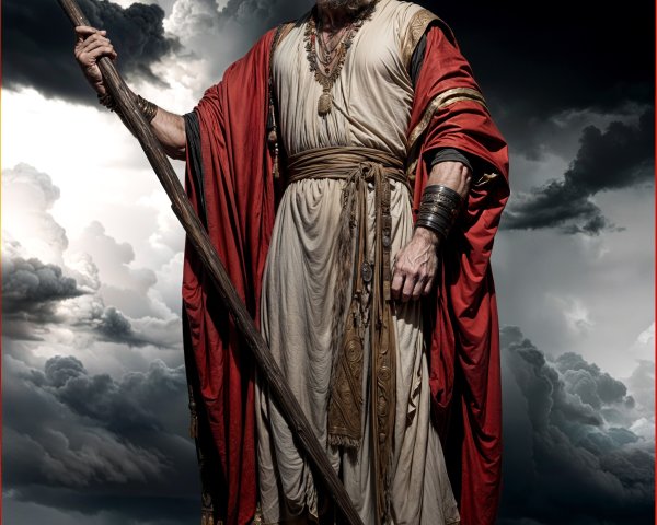 Majestic Figure in Cream and Red Robe Against Stormy Sky
