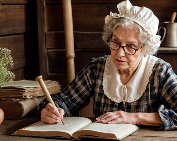 Elderly Woman Writing in Cozy Rustic Setting
