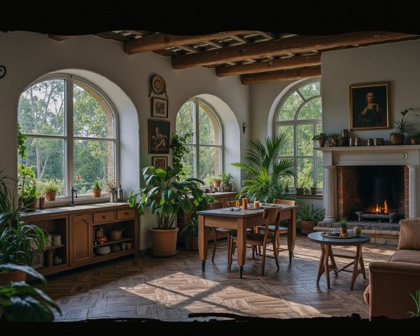 Cozy Sunlit Living Room with Arched Windows and Plants