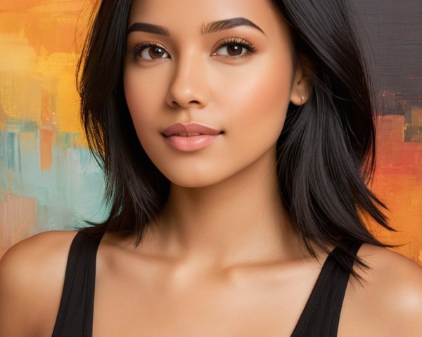 Young woman with dark hair against vibrant background