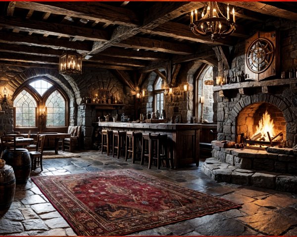 Rustic Medieval Tavern with Stone Walls and Fireplace