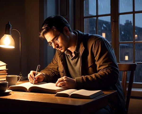 Young man writing in cozy, rain-filled room