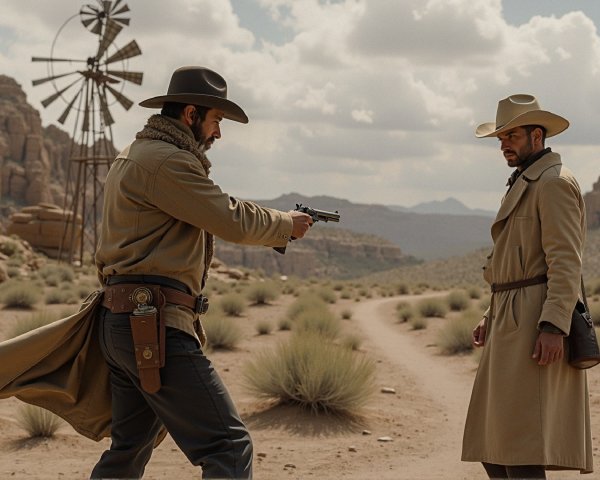 Wild West Standoff Between Two Cowboys in Desert Landscape