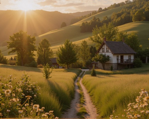 Tranquil Rural Scene with Golden Dawn Light