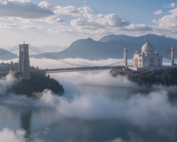 Grand Bridge Over Serene Water with Marble Structure