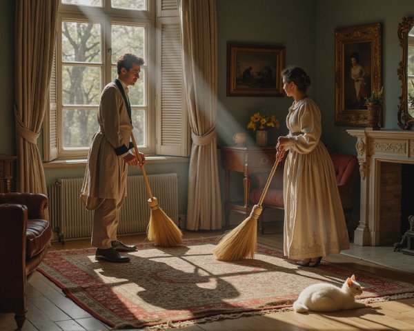 Vintage Elegance in a Sunlit Room with Brooms