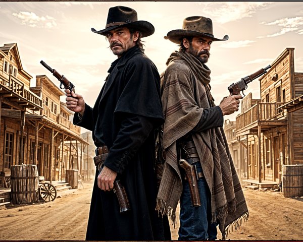 Cowboys in a Deserted Wild West Town at Sunset