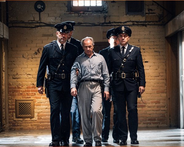 Prison Guards Escorting Man in Dimly Lit Corridor