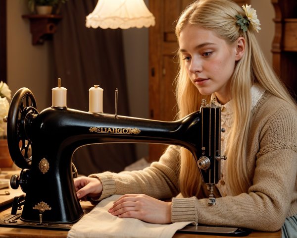 Young woman sewing at a vintage machine in cozy room