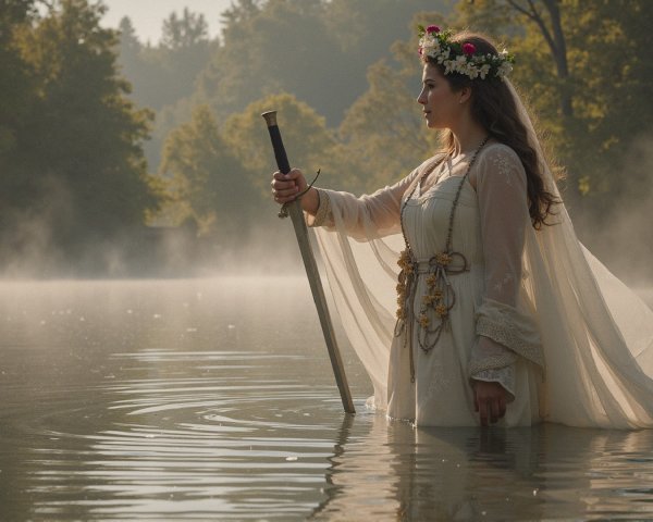 Woman in White Gown with Sword in Misty Water