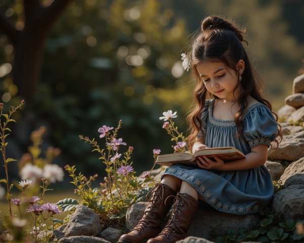 Young girl in blue dress reading in serene garden