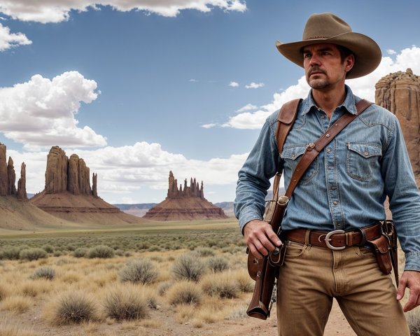 Cowboy in Desert Landscape with Dramatic Backdrop