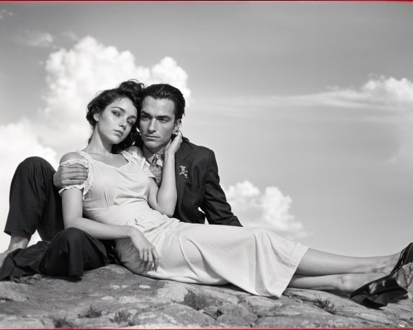 Black-and-white portrait of a couple on rocky terrain