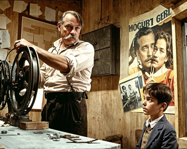Vintage Workshop Scene with Film Reel and Mentorship