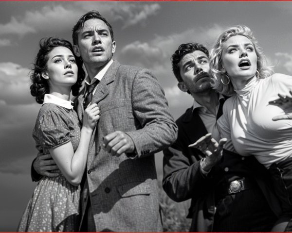 Tense Black-and-White Scene with Four Individuals