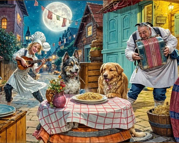 Cheerful Chef and Musician in Whimsical Night Scene