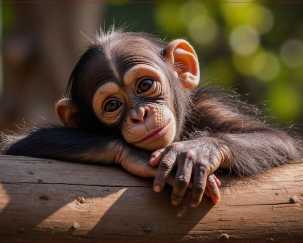 Young chimpanzee resting on a wooden log in nature