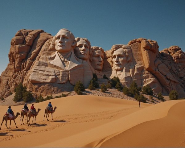 Desert Landscape with Monumental Rock Faces and Camels