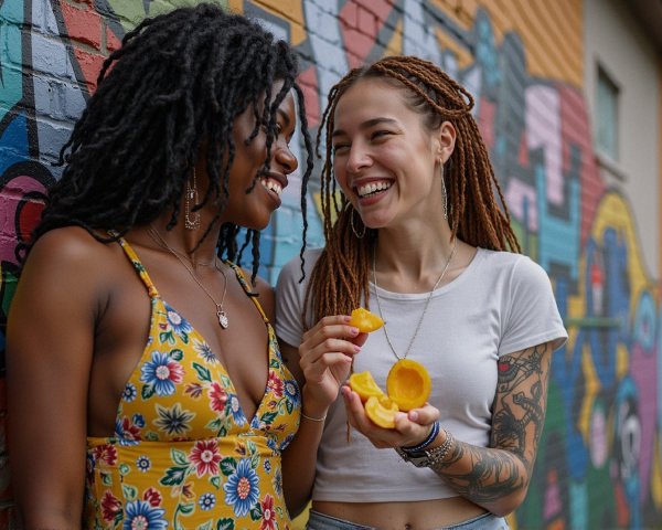 Young Women Enjoying Friendship with Colorful Graffiti