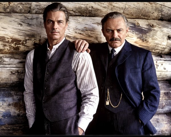 Portrait of Two Men in Vintage Attire by Log Wall