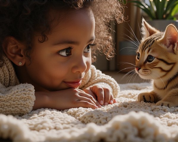 Young girl and kitten share a tender moment indoors