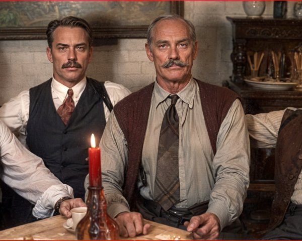 Men in Vintage Attire at Rustic Wooden Table
