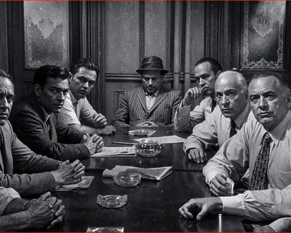 Men in a dimly lit room discussing serious matters