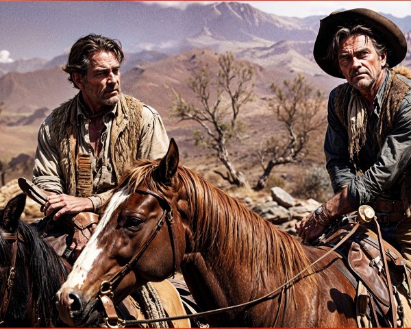 Cowboys on Horseback in Desert Landscape at Sunset