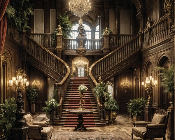 Opulent Entrance Hall with Grand Staircase and Chandeliers