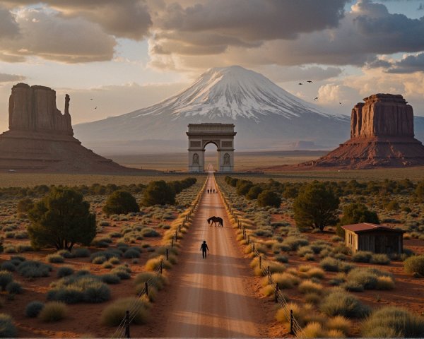 Landscape with Dirt Road and Monument Under Volcano