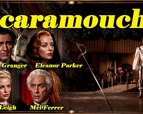 Theatrical Scene with Vibrant Stage Design and Cast Portraits