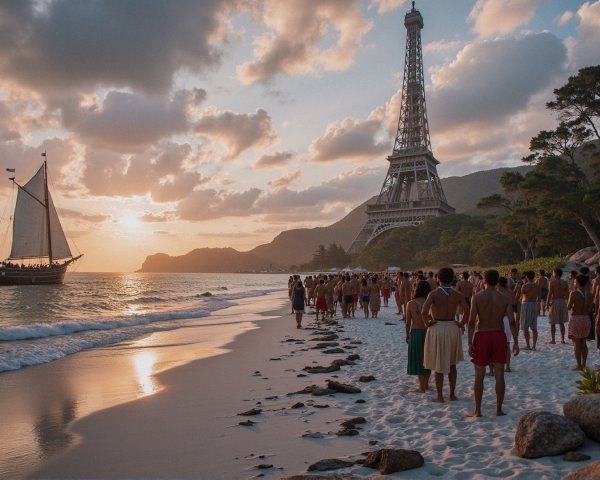 Sunset Beach Scene with Sailboat and Eiffel Tower
