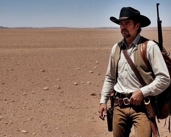 Lone Cowboy in Arid Landscape with Rifle