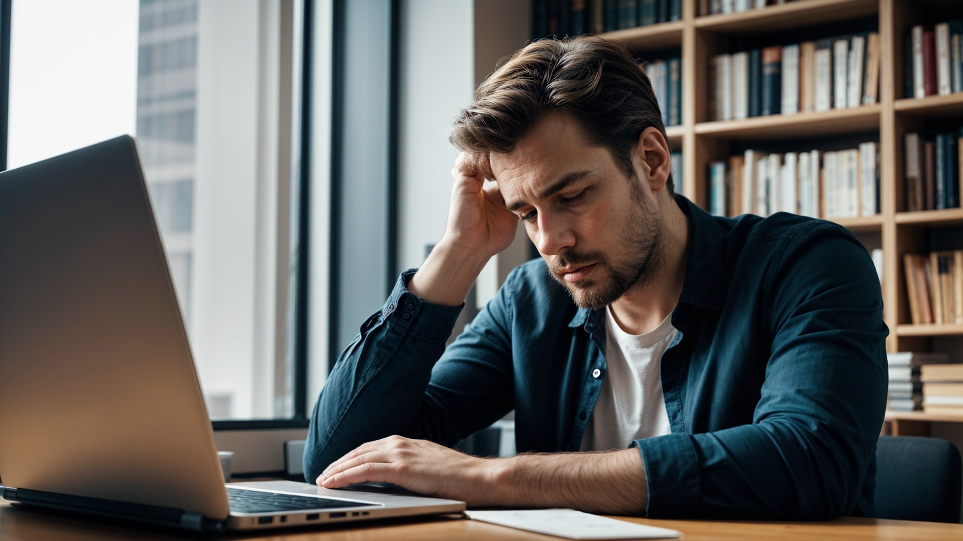 Young man working on laptop at a wooden table