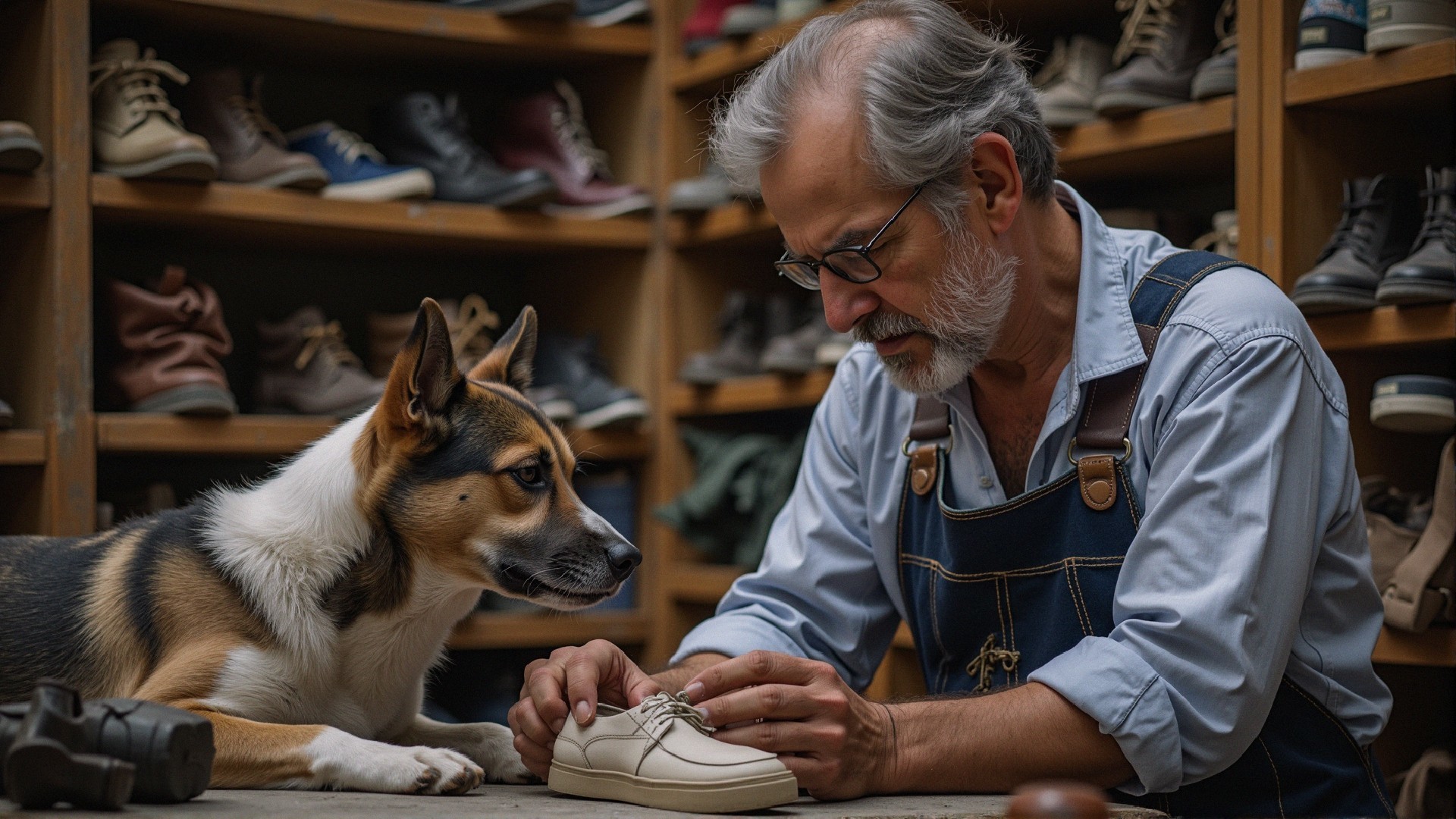 Artisan Crafts Shoes with Dog in Cozy Workshop