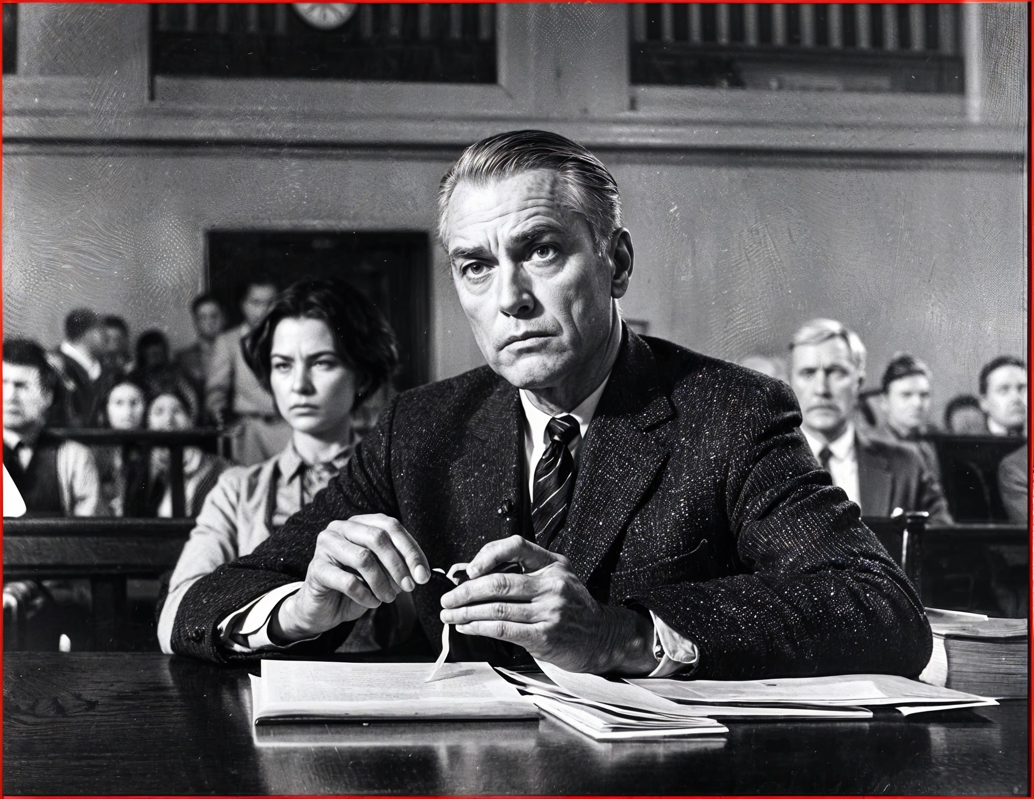 Tense Courtroom Scene in Black and White Drama