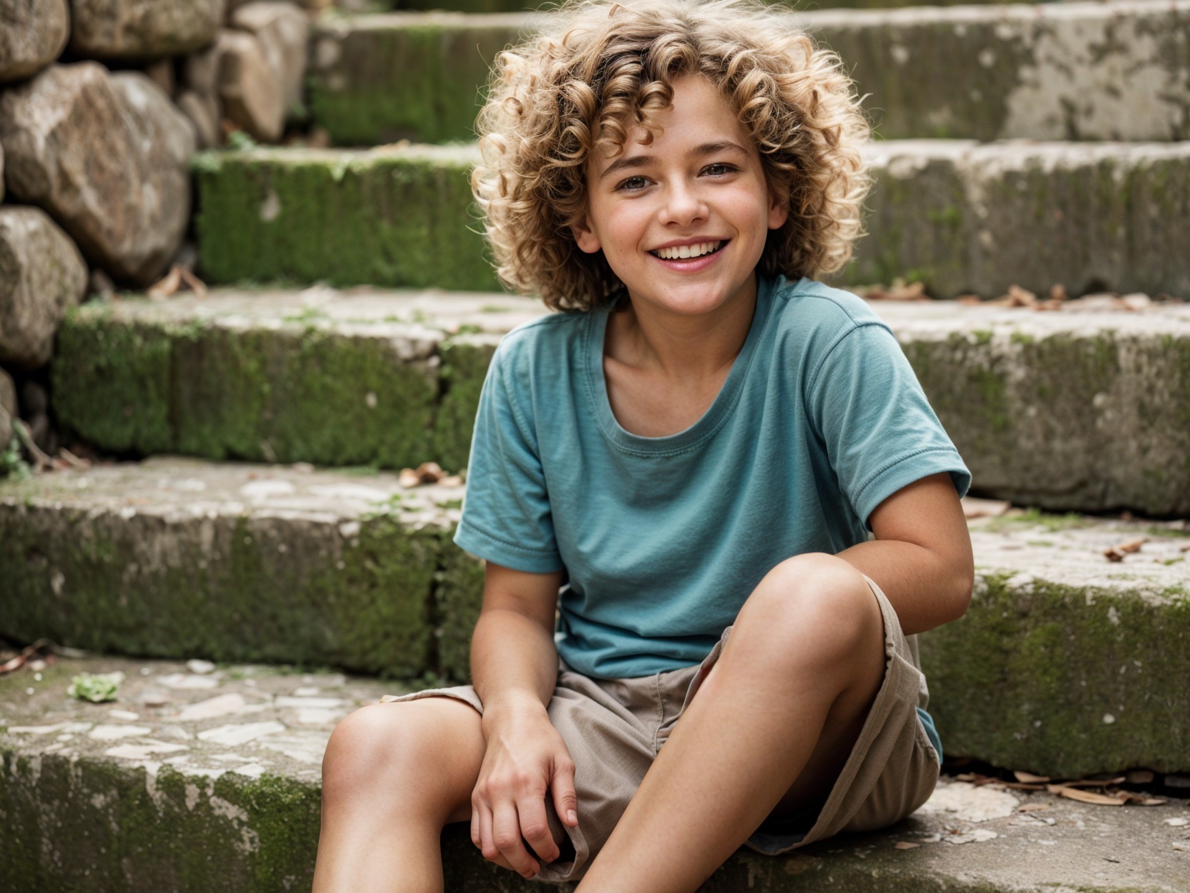 Cheerful boy on moss-covered stone steps in nature