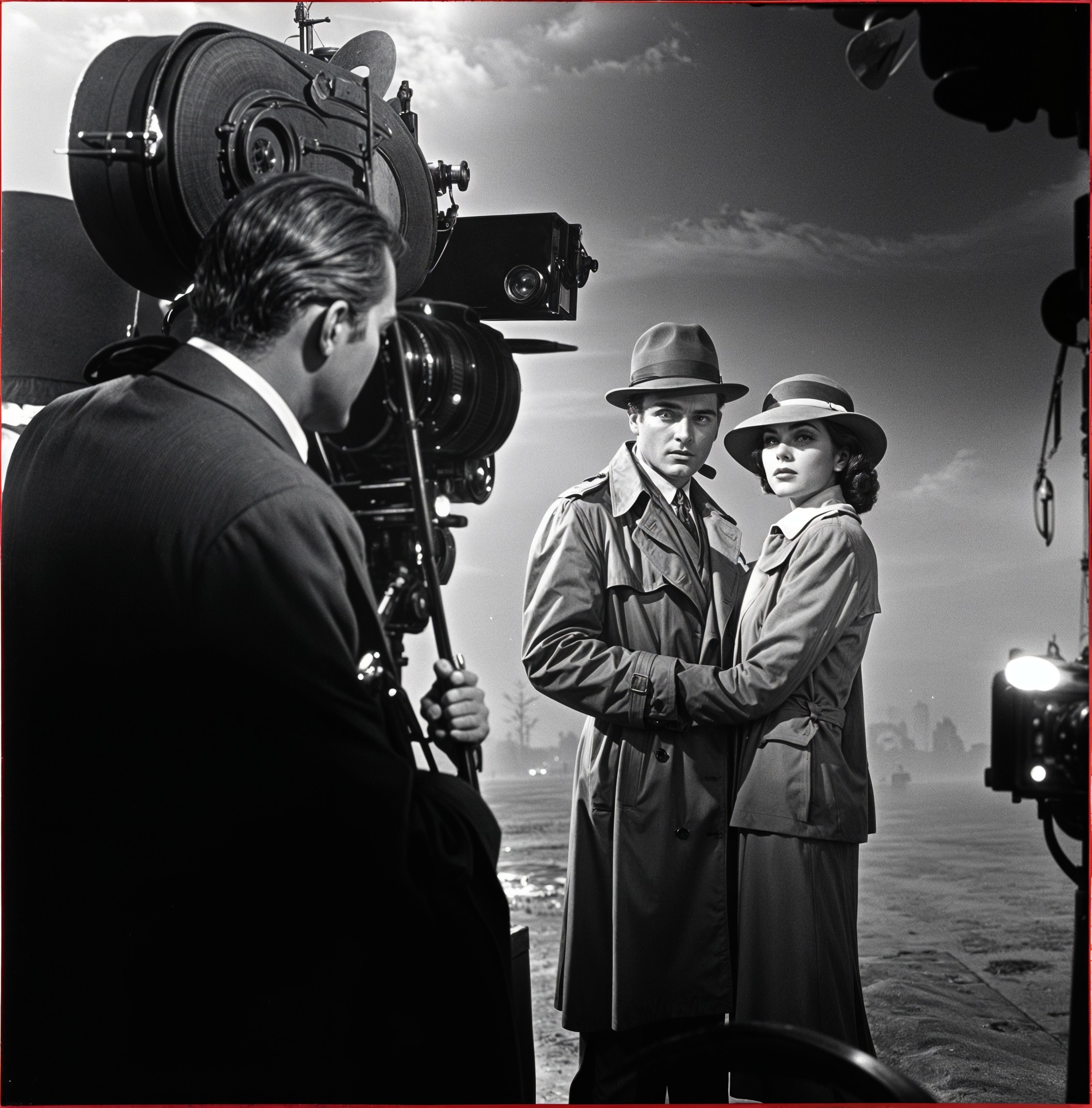 Noir Film Set with Classic Duo in Dramatic Attire