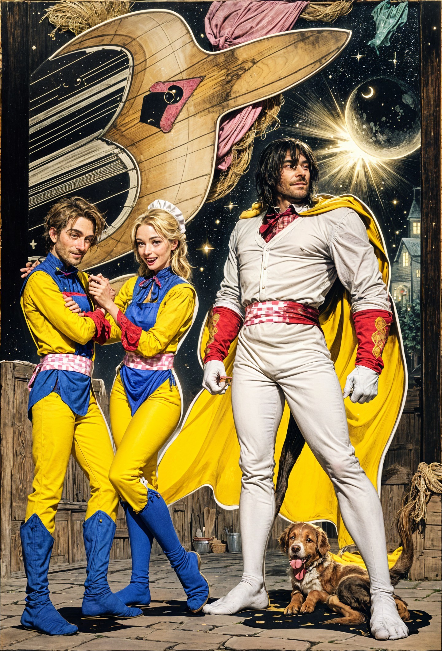 Whimsical Scene of Colorful Heroes and a Dog