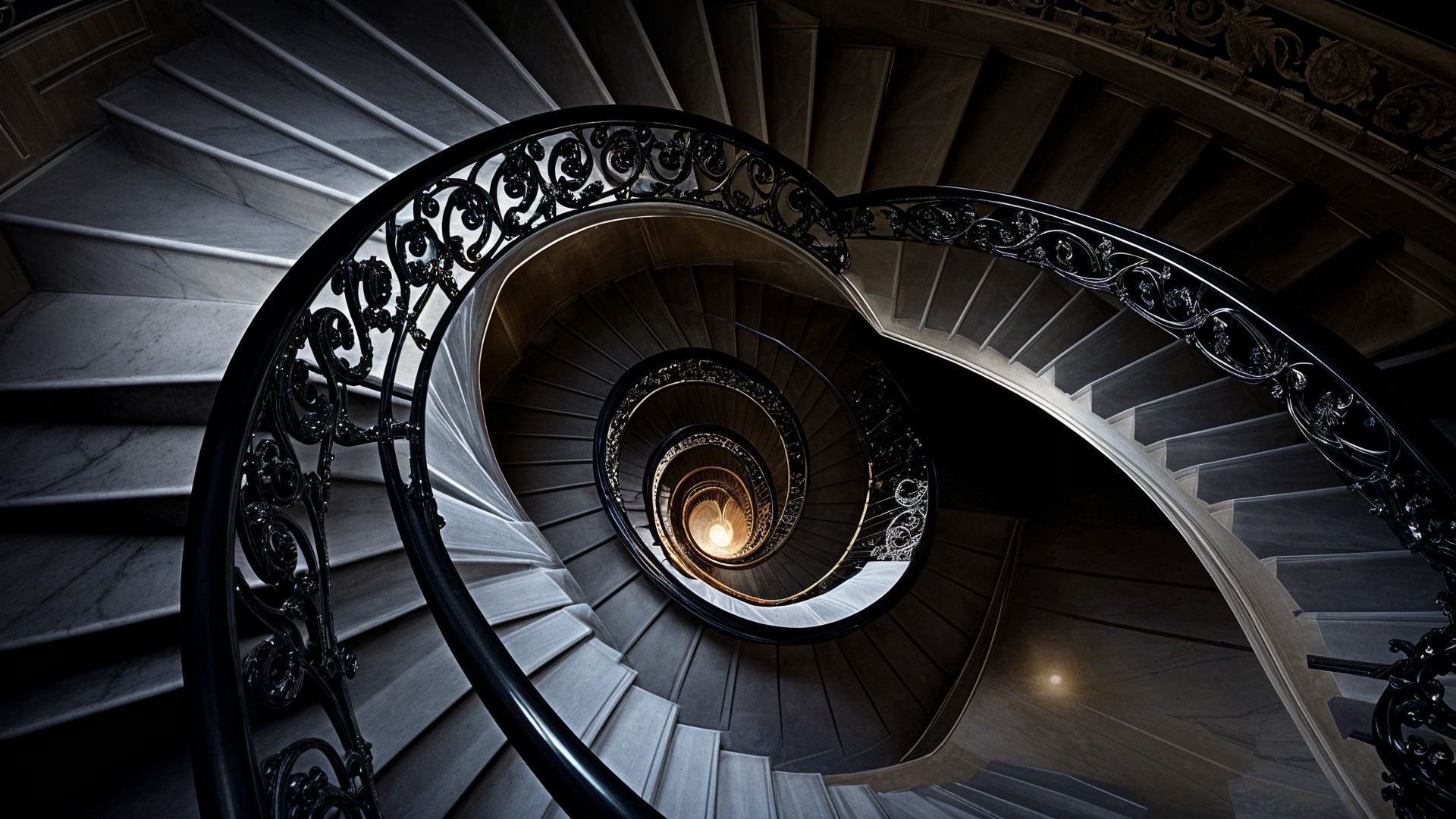 Elegant Spiral Staircase with Wrought-Iron Railings