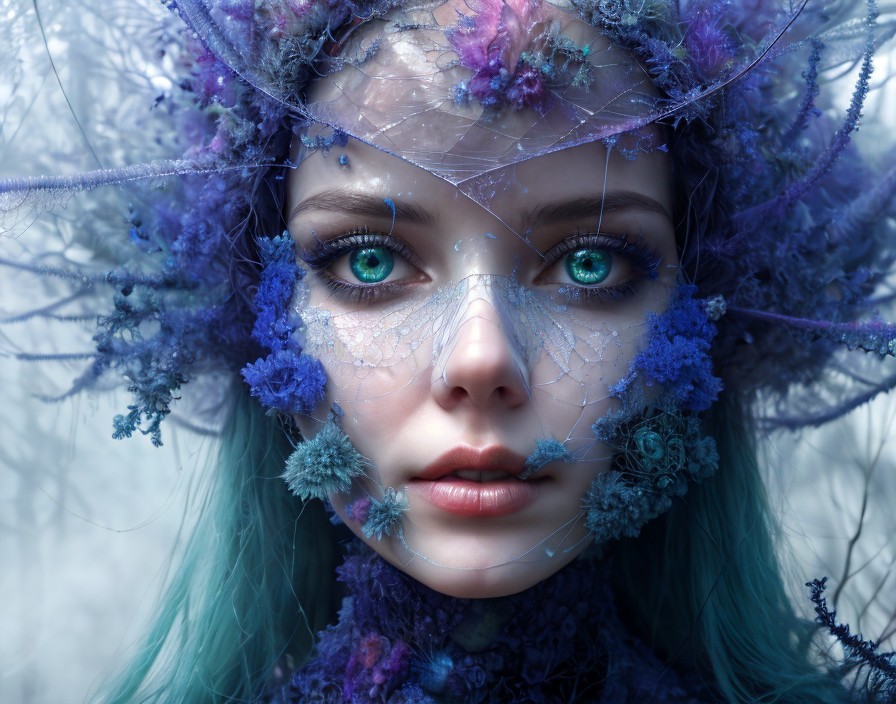 Person with Vibrant Blue Eyes and Floral Adornments