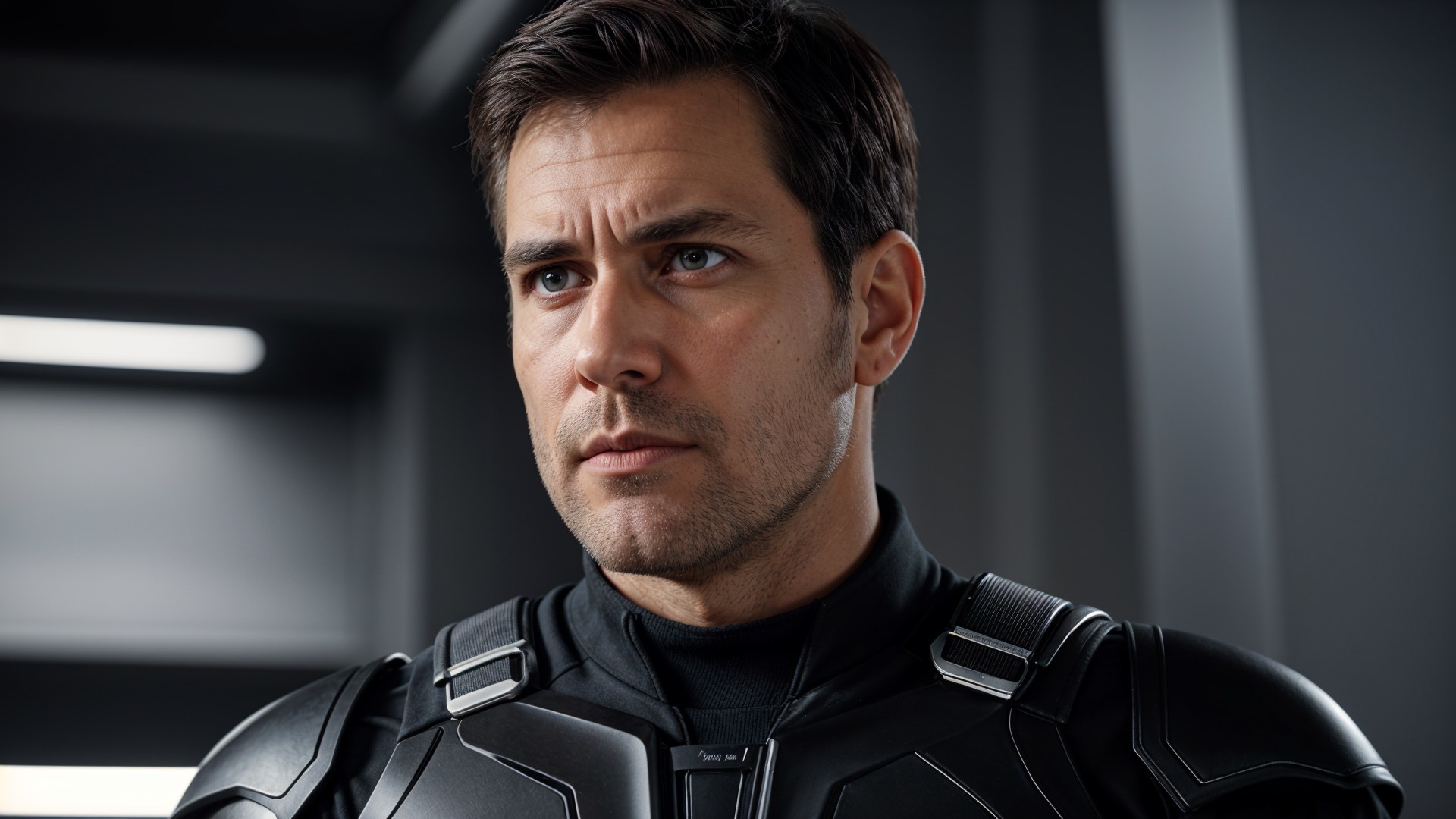 Man in Tactical Suit in Futuristic Setting